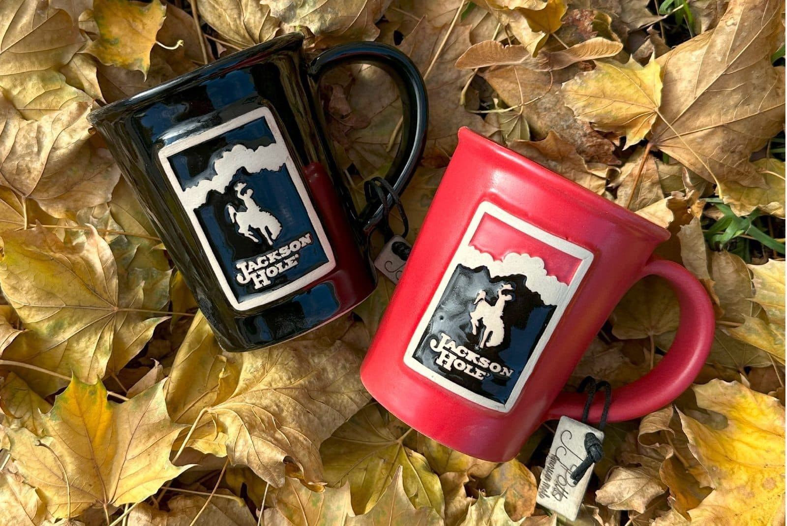 Jackson Hole branded mug pair on autumn leaves