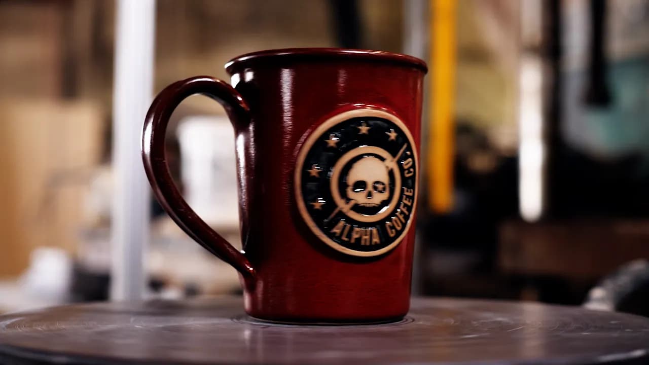 Custom logo mugs in a range of glazes turning on the wheel in the JJ Potts shop